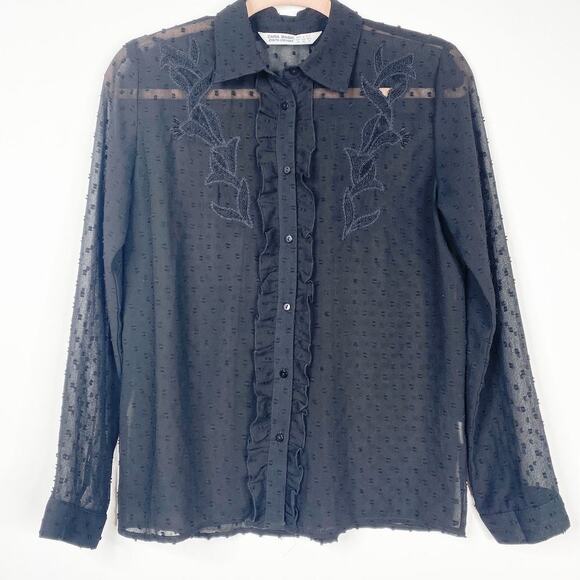 2/$30 ZARA Embroidered Ruffle Button-Down Sheer Blouse XS Floral Black #6267 - Picture 1 of 14